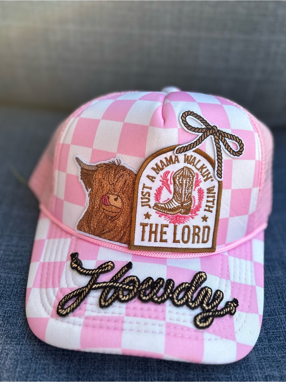 ⭐️Pink Checkered Cap with 'Howdy' Embroidery lord